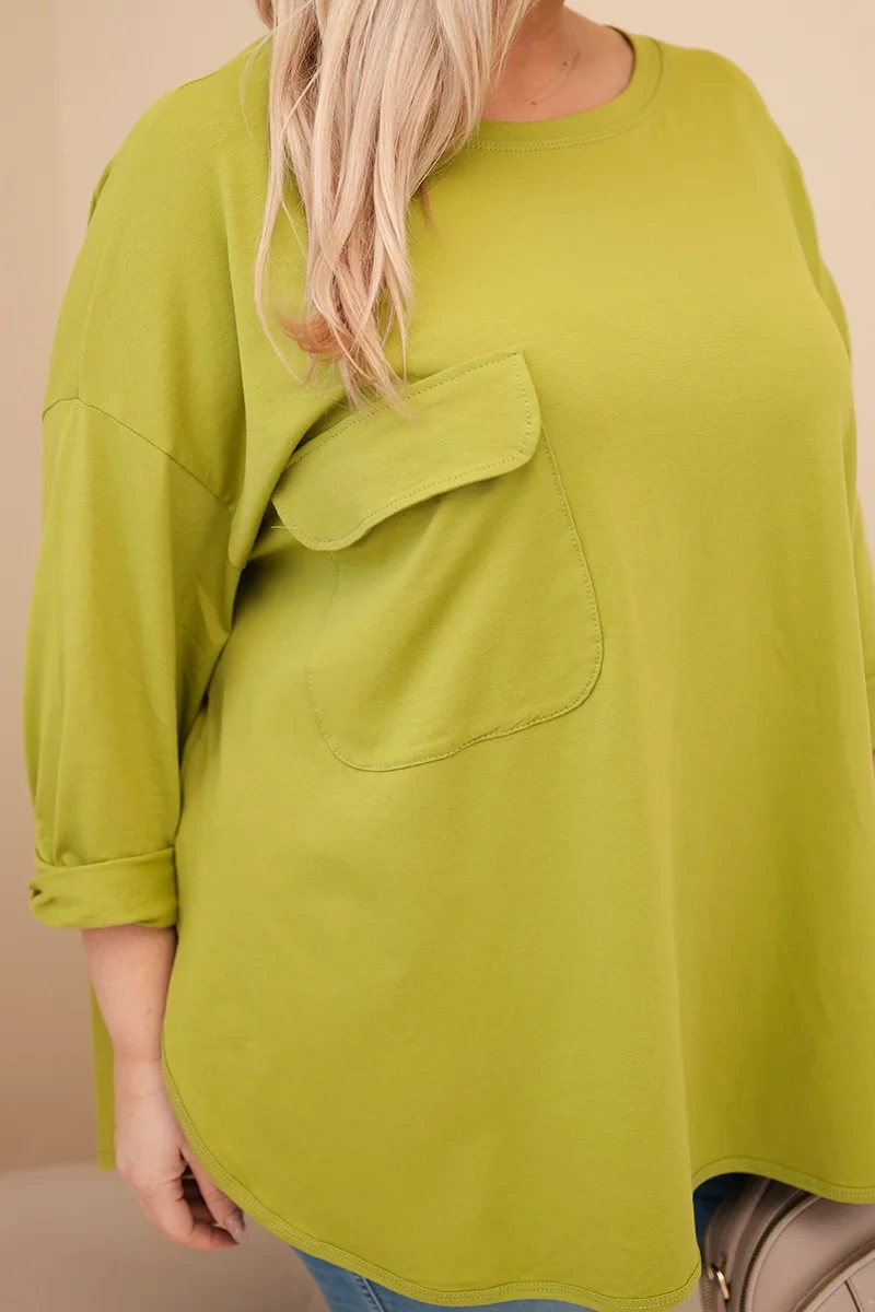 Kesi Włoski Dámska blúzka Plus Size z bavlnou s vreckom a podhodeným rukávom olivová