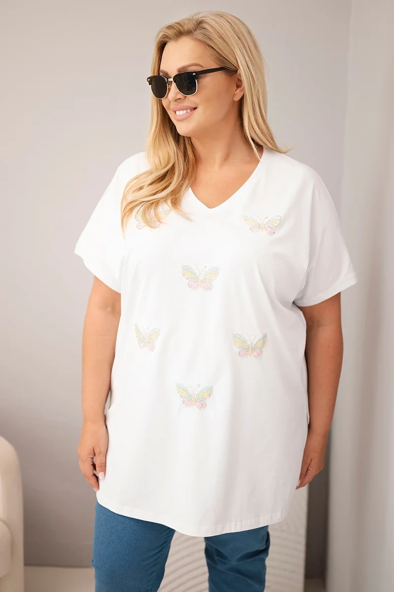 Dámska plus size blúzka s motýlikmi biela