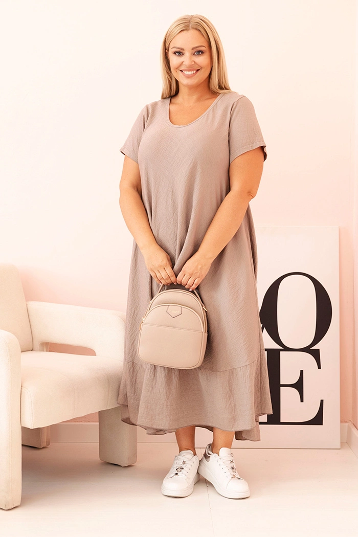 Kesi Włoski Plus size womens dress with short sleeves and ruffles made of lightweight viscose cappuccino