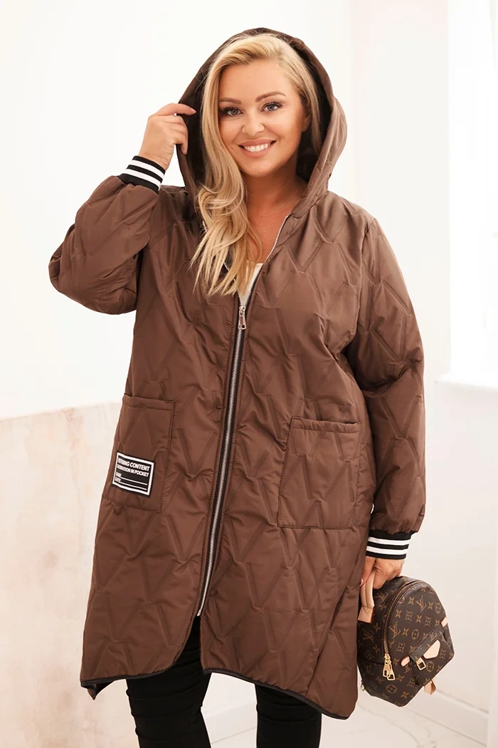 Kesi Włoski Plus Size women's quilted jacket with a hood and sporty cuffs chocolate