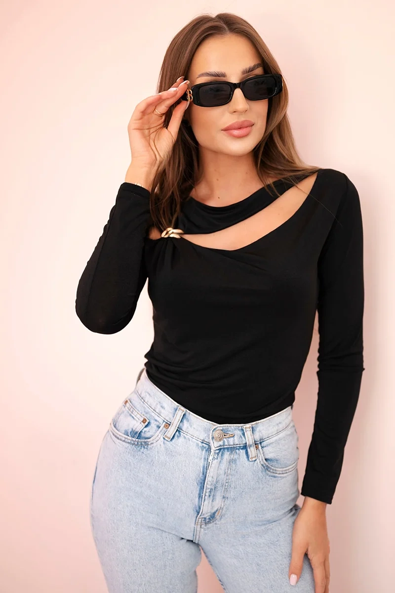 Kesi Włoski Womens bodysuit blouse with ruffles and decorative buckle black