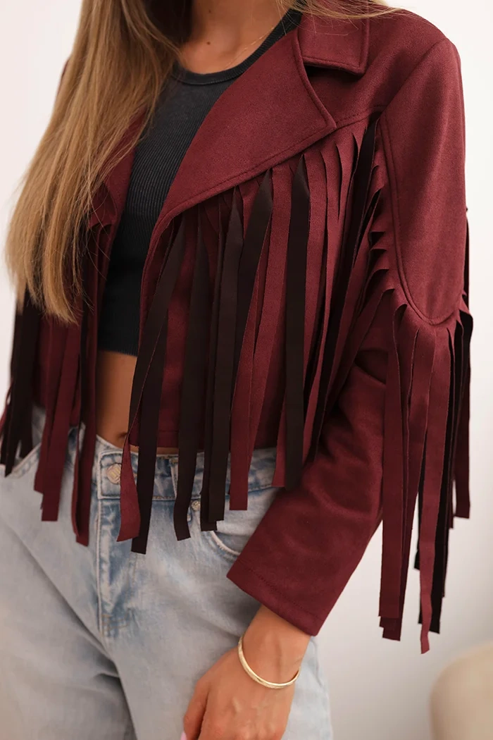 Kesi Włoski Women's suede jacket with fringes burgundy