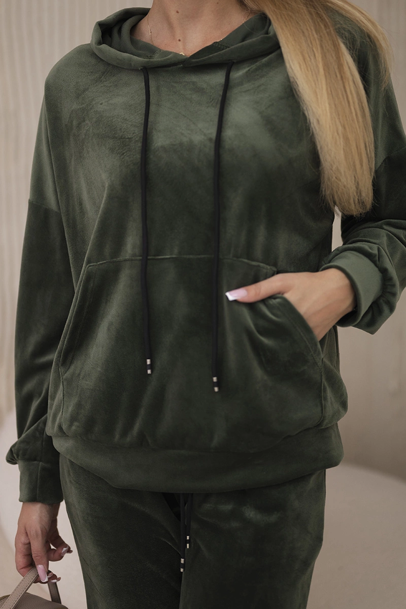 Velour set kangaroo sweatshirt + khaki trousers