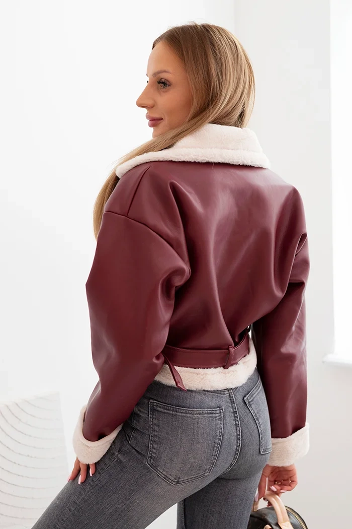 Kesi Włoski Women's pilot jacket made of eco-leather, insulated with fur and a belt, burgundy