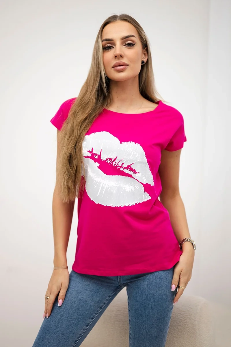 Blouse with fuchsia lip print
