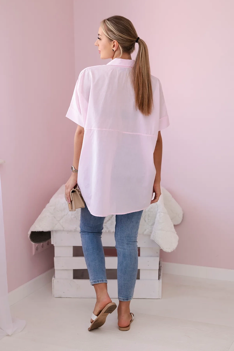 Cotton shirt with short sleeves in powder pink color