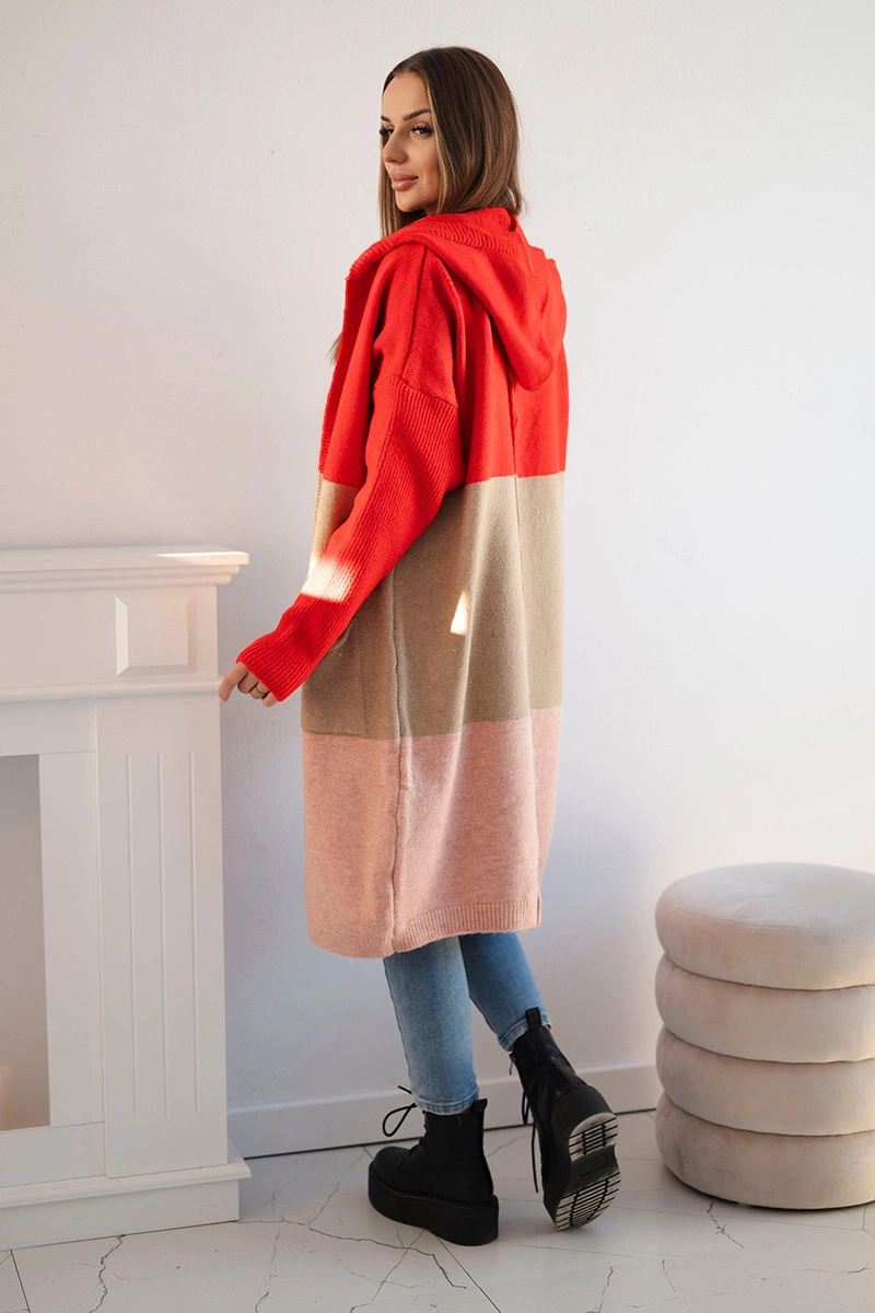 Striped hooded sweater red+camel+powder pink