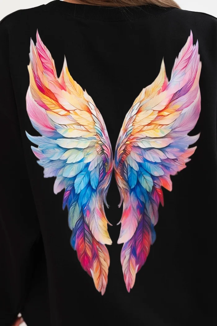 Polski Women's oversized cotton sweatshirt with colorful wings on the back black