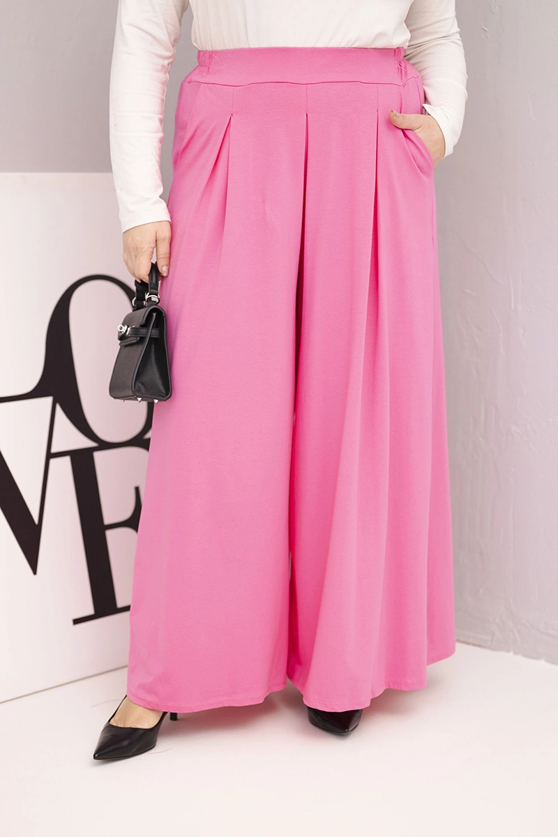 Kesi Włoski Women's Plus Size cotton pants with wide legs and loose fit light pink