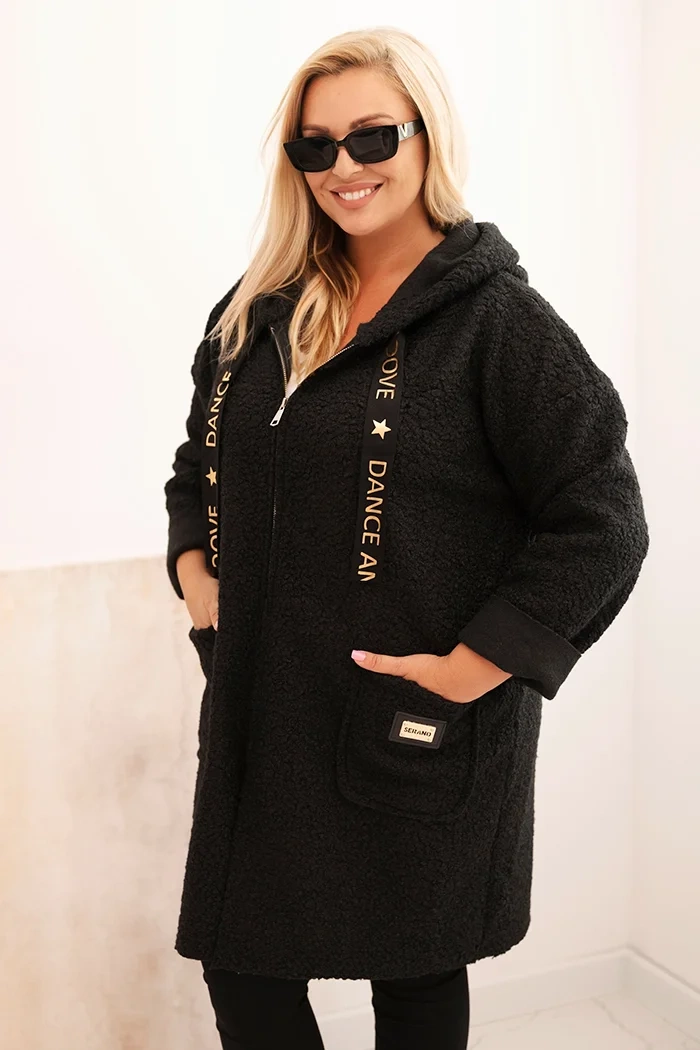 Kesi Włoski Plus Size womens coat made of faux sheepskin with a hood and pockets black