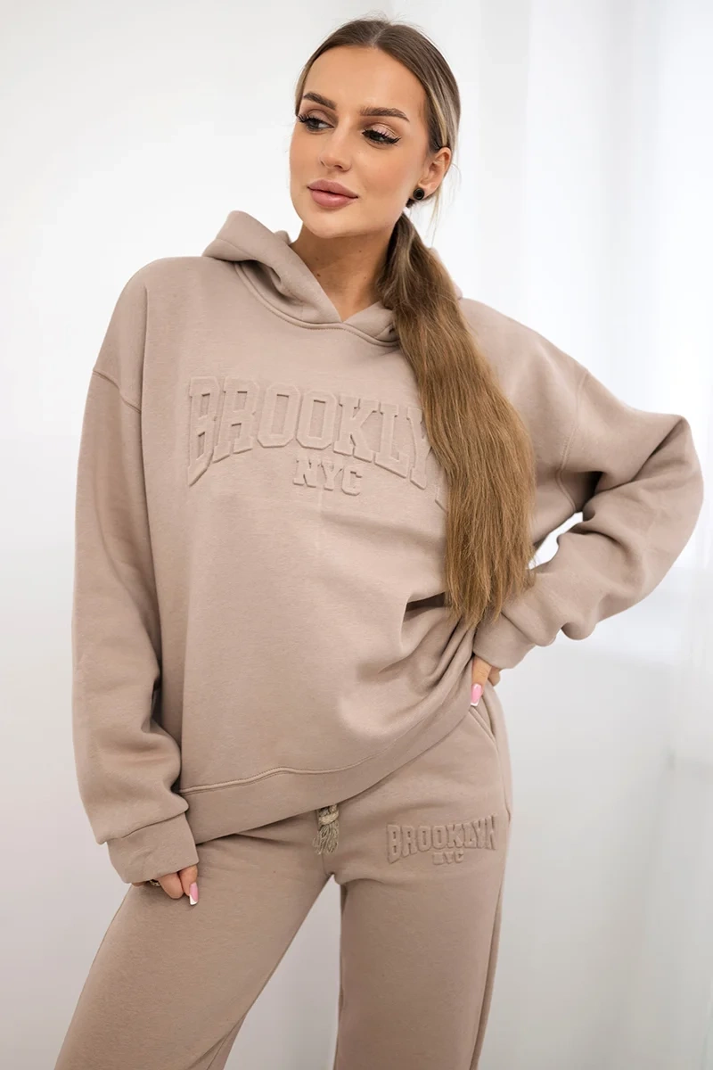 Zateplený bavlněný komplet, mikina + kalhoty Brooklyn tmavě béžová