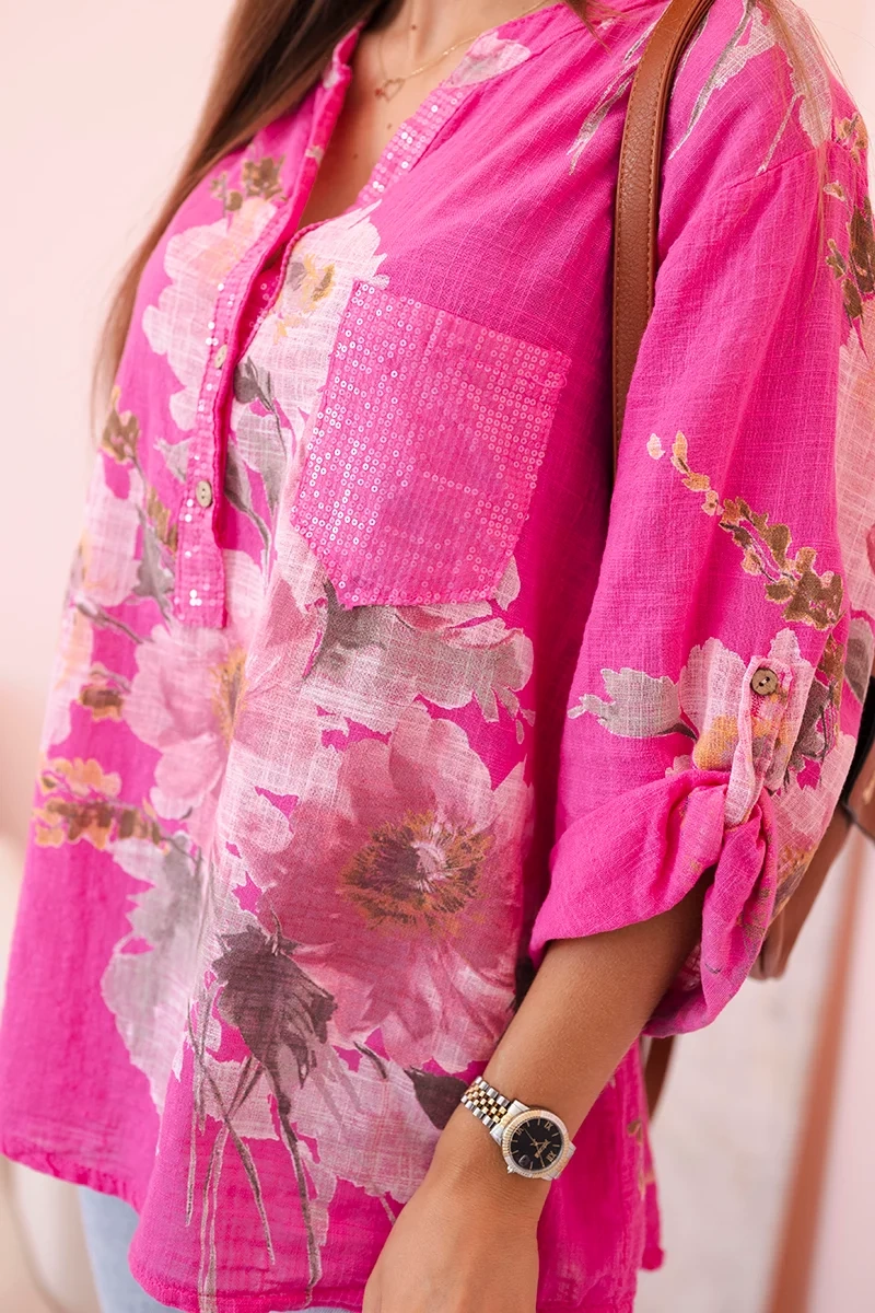 Kesi Włoski Women&#039;s cotton blouse with a floral pattern and buttons pink