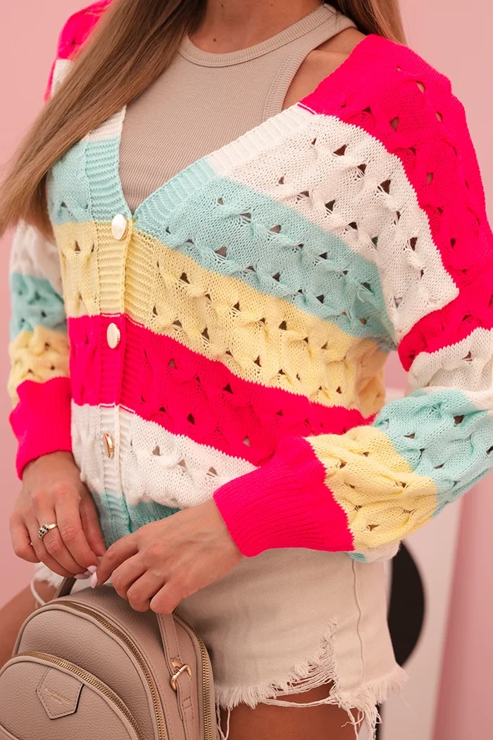 Kesi Włoski Ladies' striped openwork sweater with V-neck fuchsia + yellow