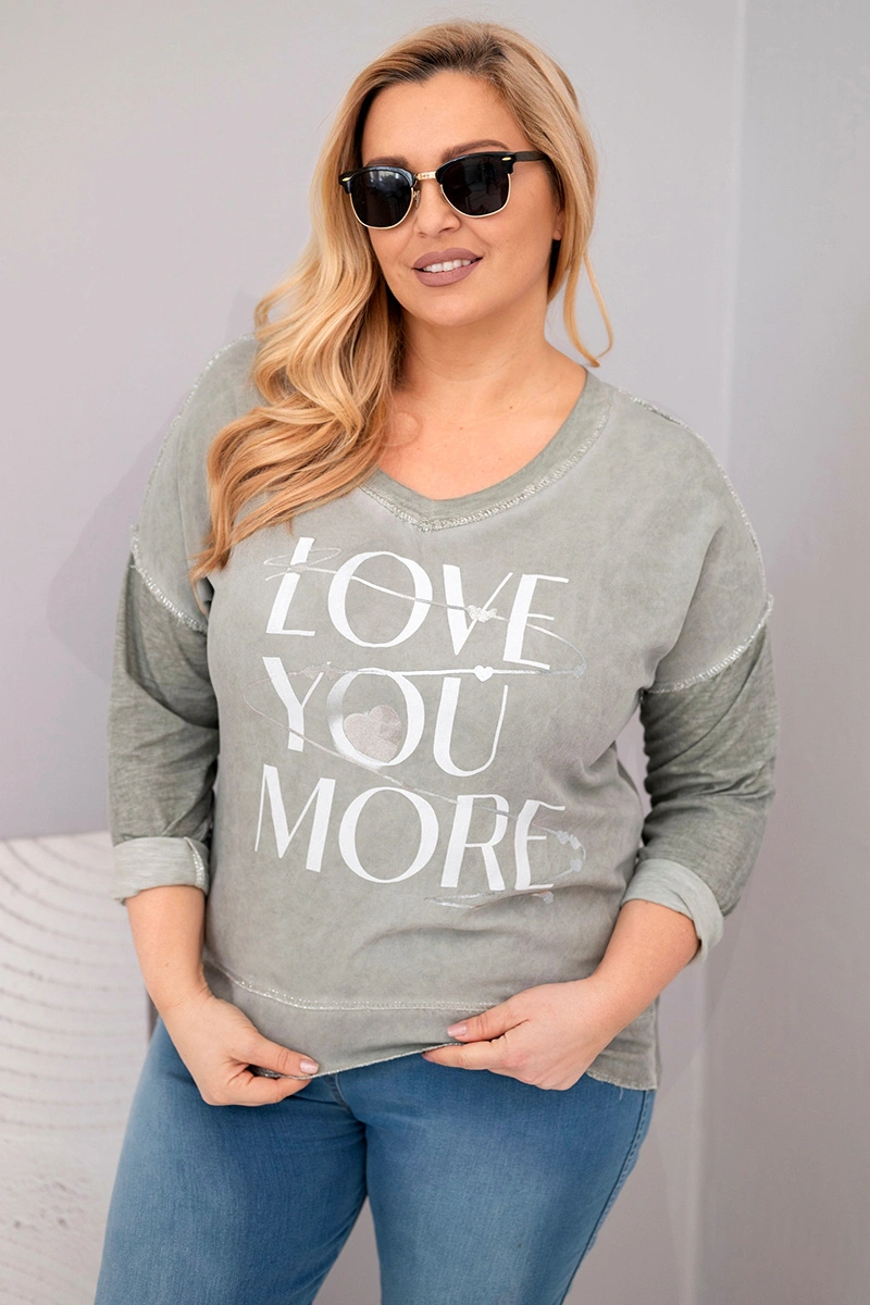 Kesi Włoski Plus Size women's blouse distressed with the inscription Love You More khaki