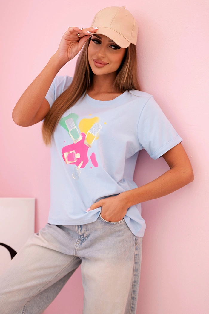 Kesi Dámska bavlnená blúzka s krátkym rukávom a farebnou potlačou modrá