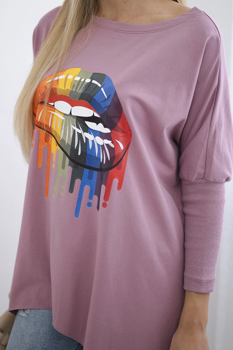 Oversize blouse with rainbow lip print navy pink