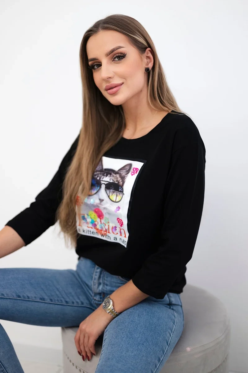 Cat Graphic Blouse 3D Black