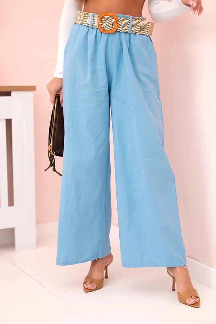 Kesi Włoski Women's linen trousers with wide legs and a belt blue