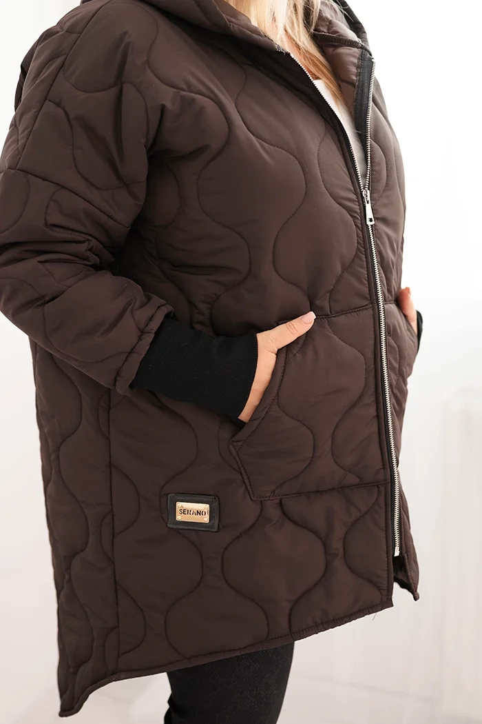 Kesi Włoski Dámska bunda Plus Size prešívaná s kapucňou hnedá