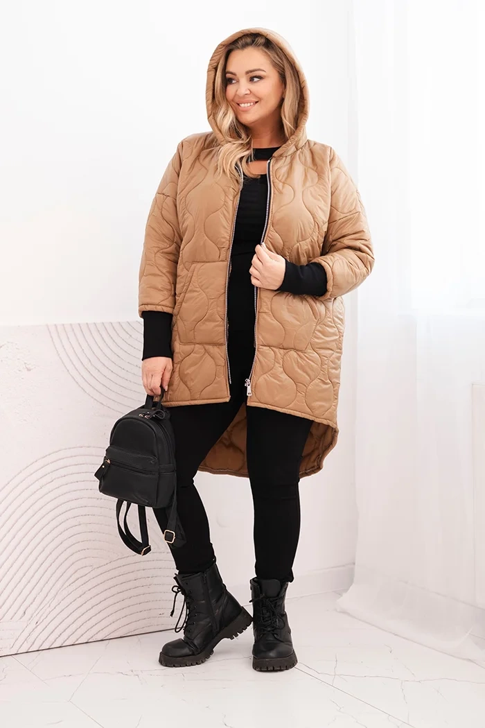 Kesi Włoski Dámska zimná bunda Plus Size prešívaná s kapucňou camelová