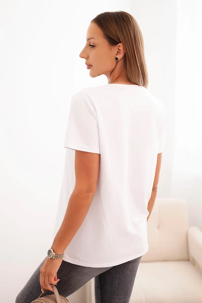Polski Women&#039;s cotton blouse with a V-neck and short sleeves white