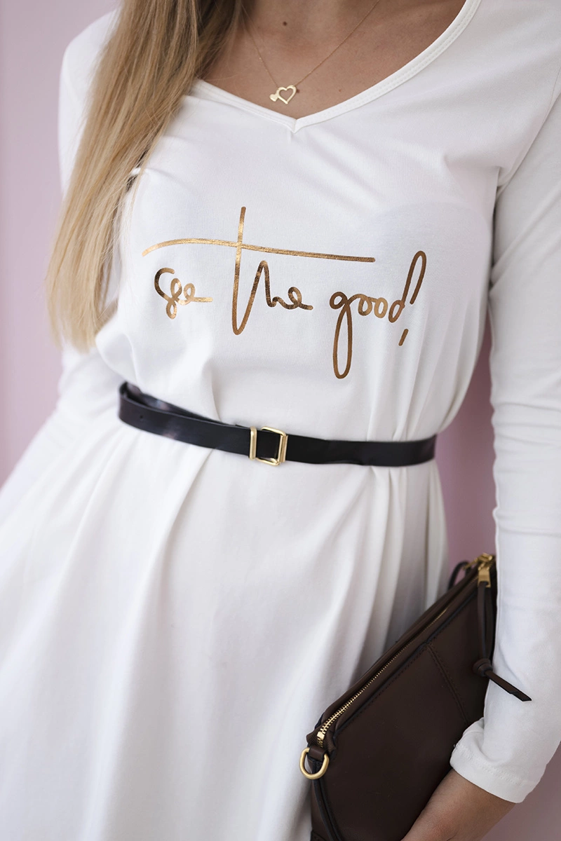 Dress with decorative belt and ecru inscription