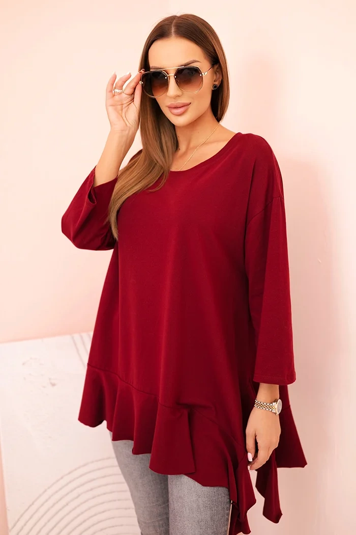 Kesi Włoski Plus Size women&#039;s blouse with cotton, frill, and rolled-up sleeves burgundy