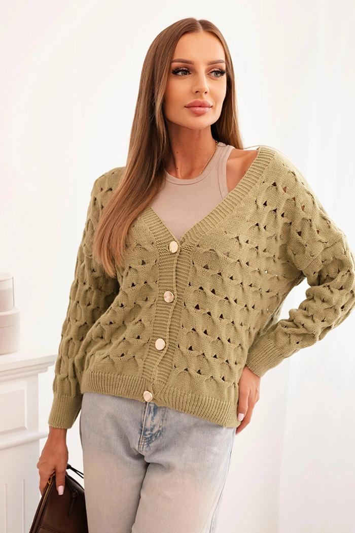 Kesi Włoski Women&#039;s openwork sweater with a V-neck and gold buttons olive