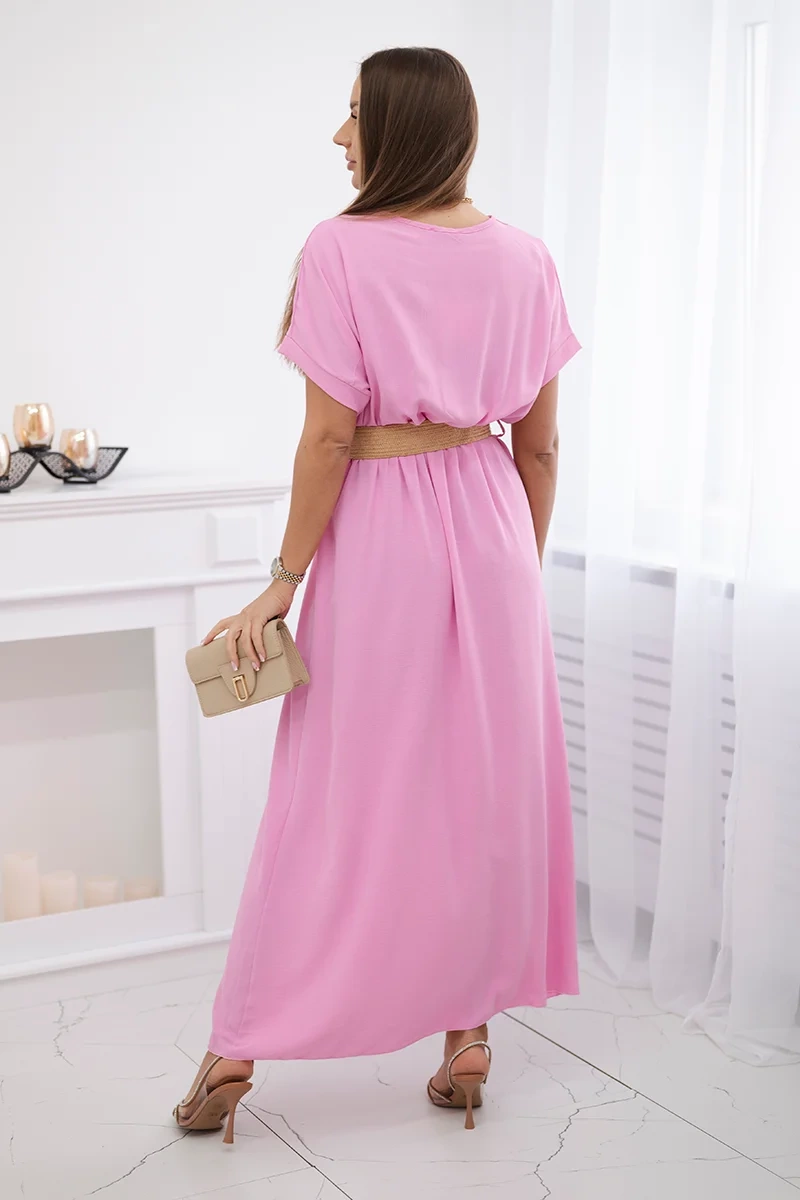 Long dress with a decorative belt in light pink color