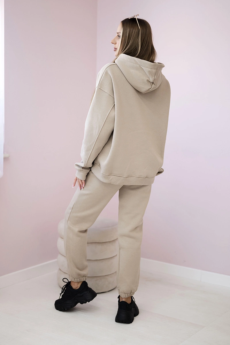 Insulated cotton set, sweatshirt with embroidery + beige trousers