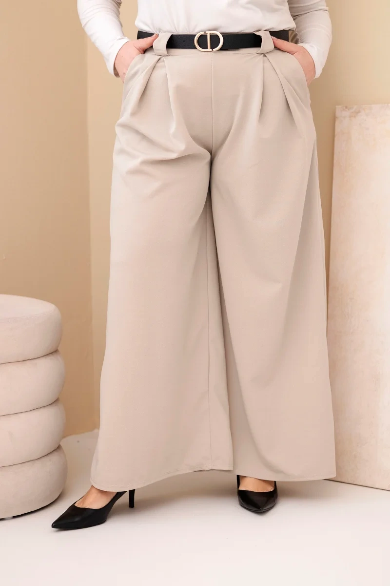 Kesi Włoski Dámske nohavice Plus Size viskózové so širokou nohavicou a opaskom béžové