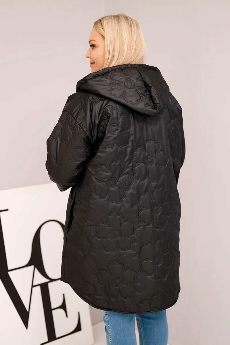 Kesi Włoski Dámska bunda Plus Size prešívaná s kapucňou a nápisom HOPE čierna