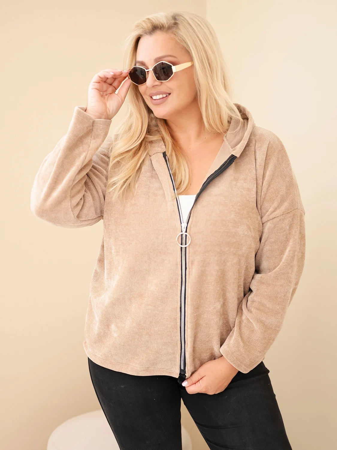 Corduroy plus size mikina s kapucňou na zips