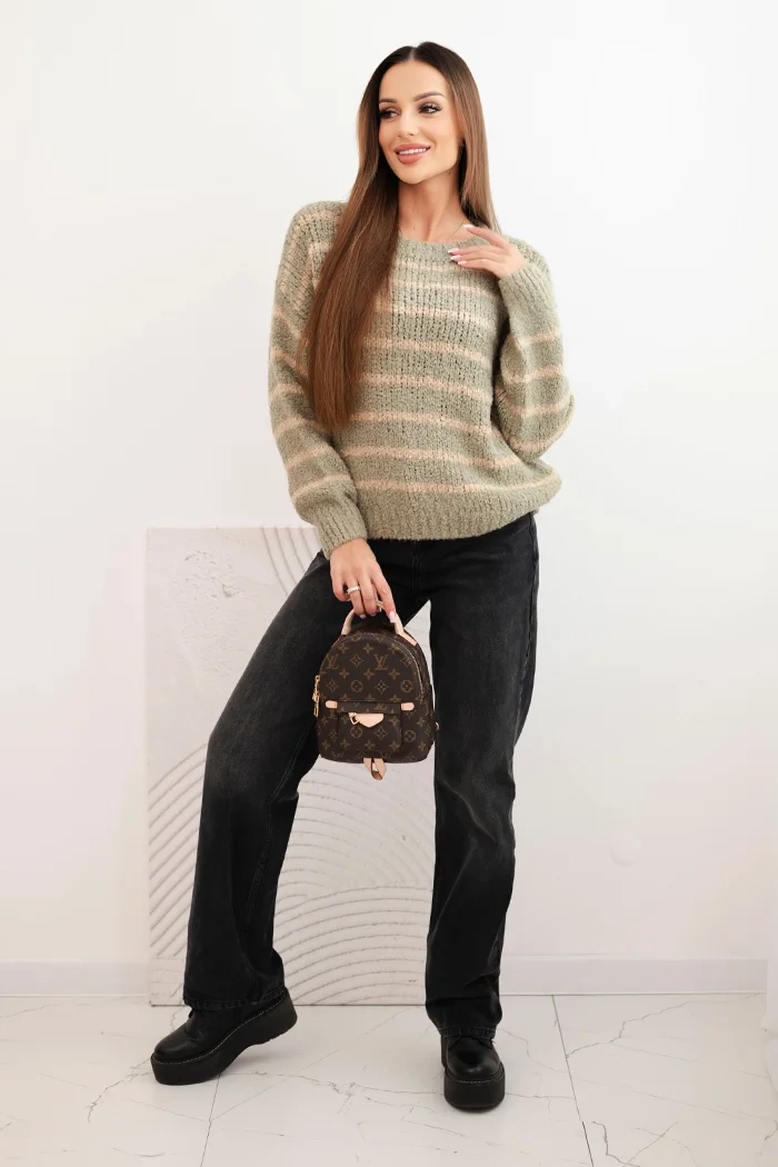 Kesi Włoski Women's loose-fitting striped sweater with wool khaki