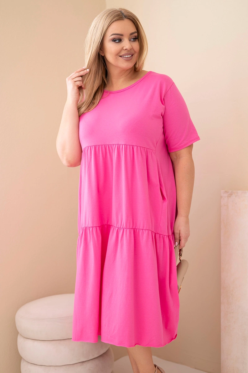 Plus-size bavlněné šaty s volánem růžové