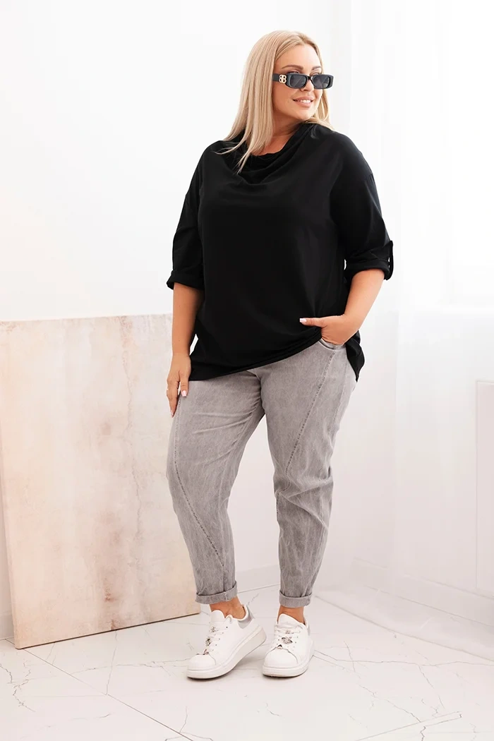 Kesi Włoski Dámska blúzka Plus Size s bavlnou vo voľnom strihu s vodným výstrihom čierna