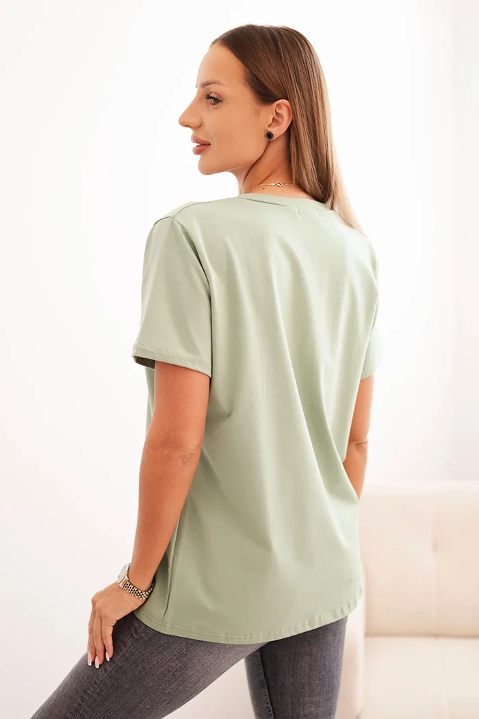 Polski Women's cotton blouse with a V-neck and short sleeves dark mint