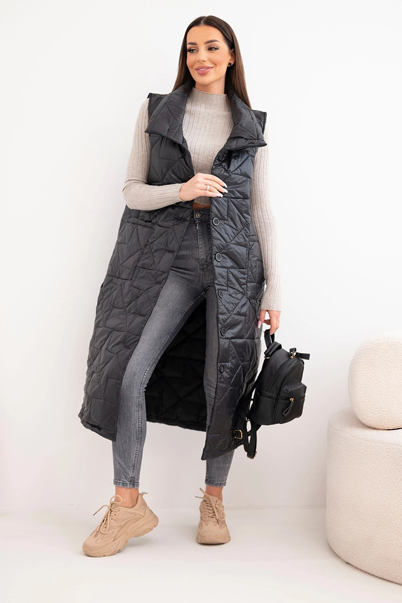 Дълъг черен ватиран елек с яка