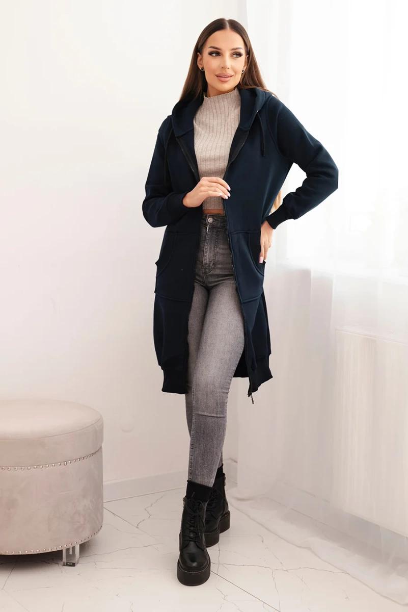 Women's Long Insulated Hooded Sweatshirt - Dark Blue