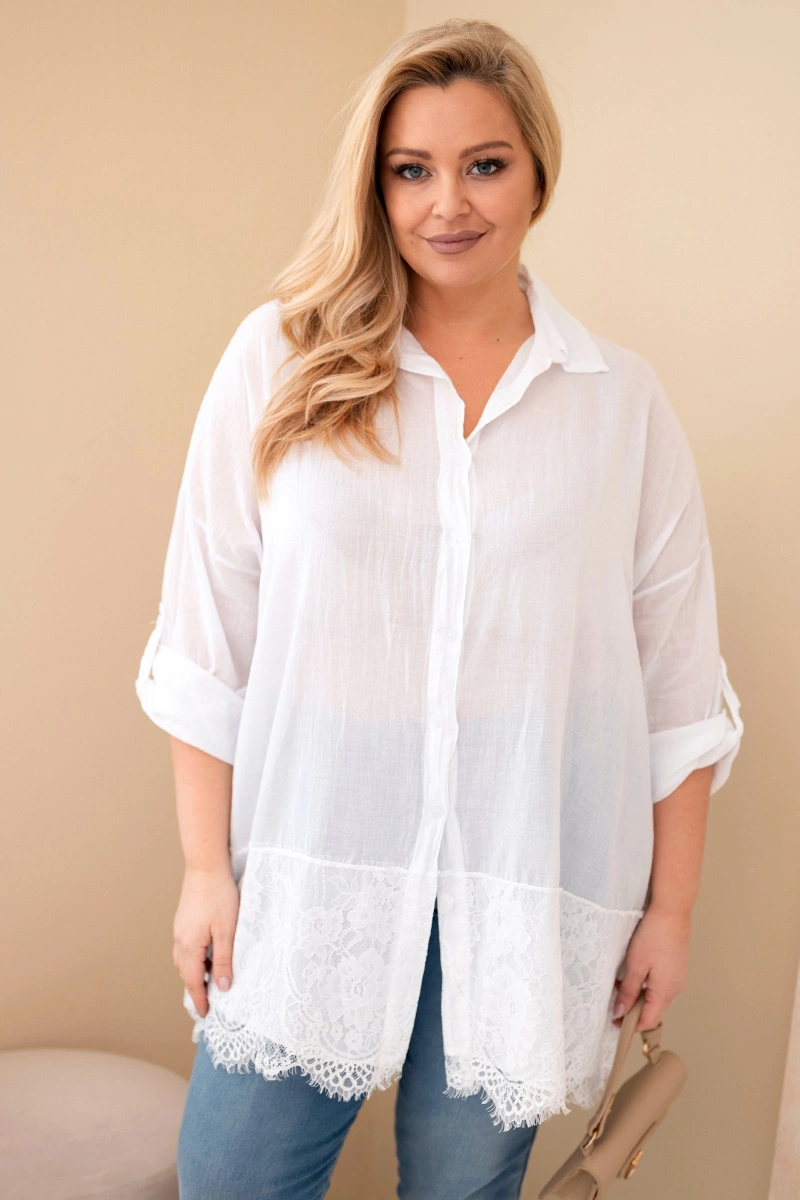 Kesi Włoski Women's Plus Size cotton faded shirt with lace trim white