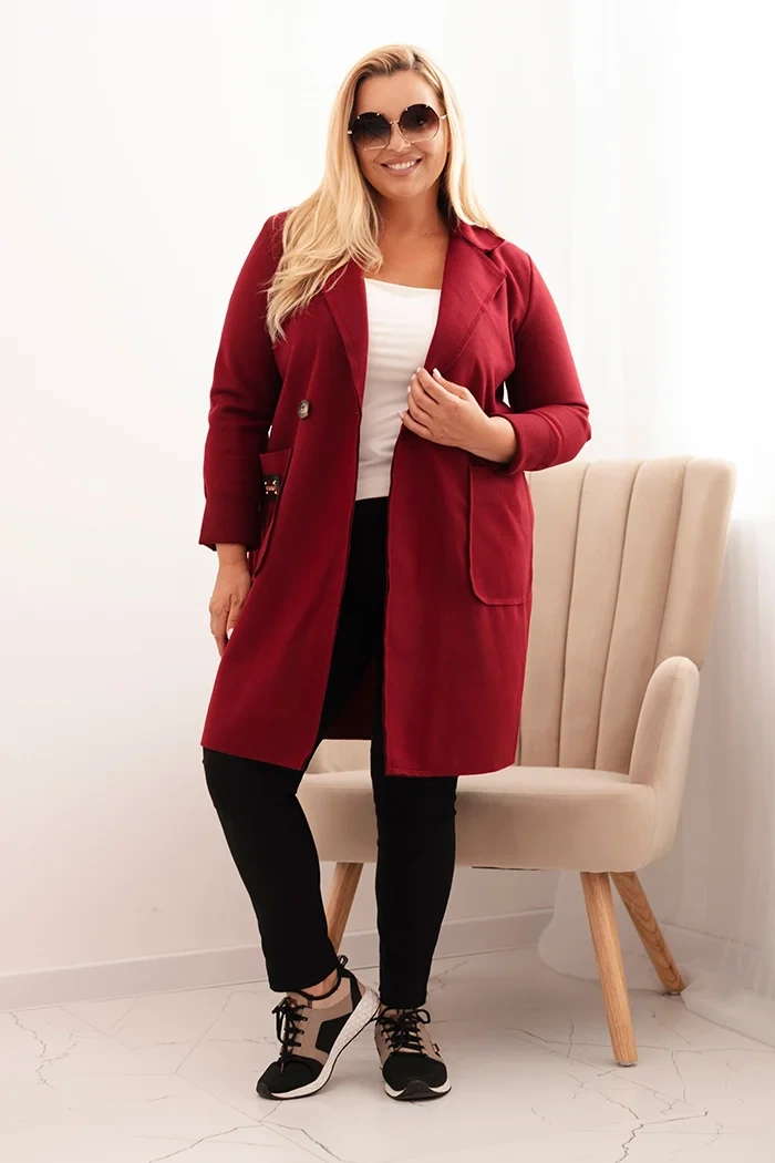 Kesi Włoski Elegant Plus Size women's coat with a collar and large pockets burgundy