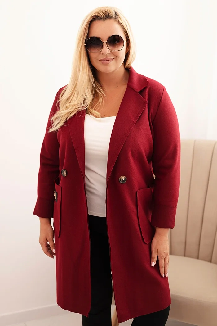 Kesi Włoski Dámsky elegantný kabát Plus Size s golierom a veľkými vreckami bordový