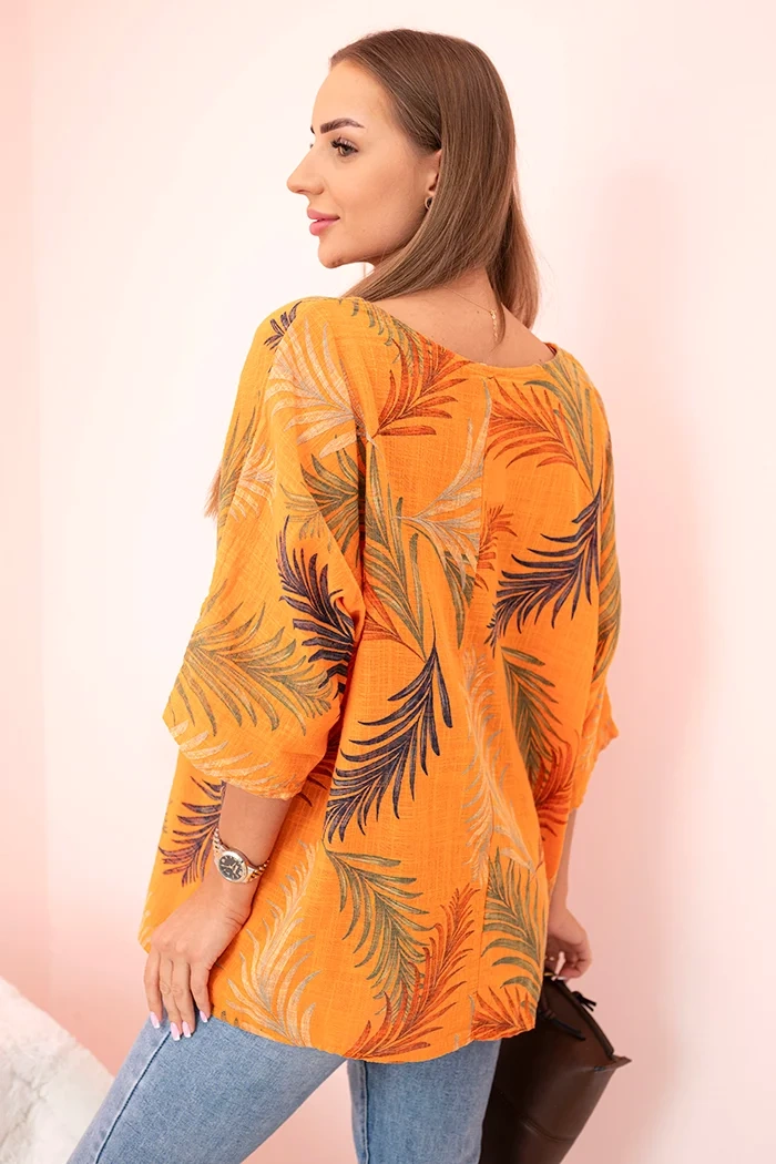 Kesi Włoski Women's cotton blouse with leaves with roll-up sleeves orange