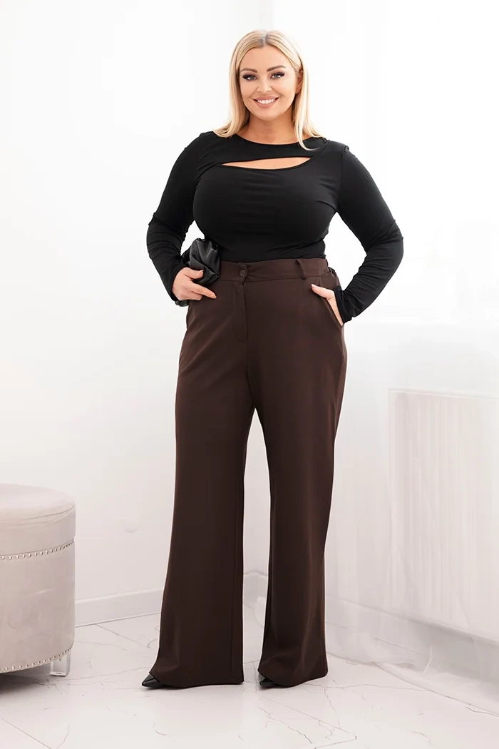 Kesi Włoski Plus Size women's pants with wide legs and elastic waistband brown