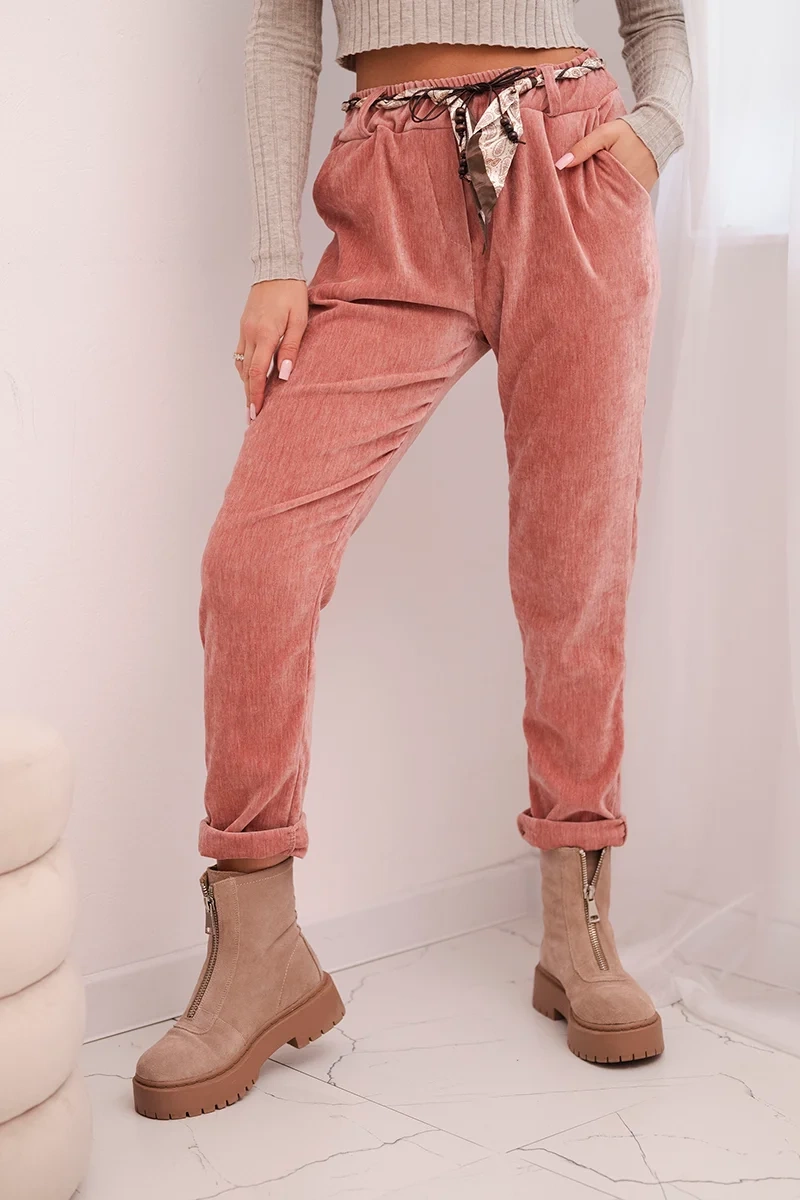 Kesi Włoski Women's viscose pants with a scarf belt dark pink