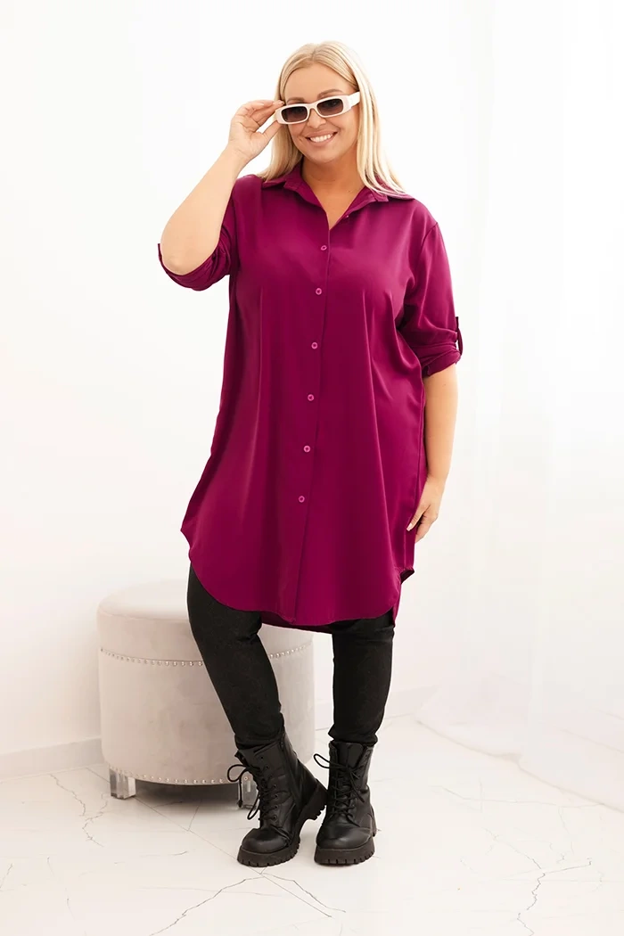 Kesi Włoski Plus Size women&#039;s shirt dress with a longer back and rolled-up sleeves dark purple