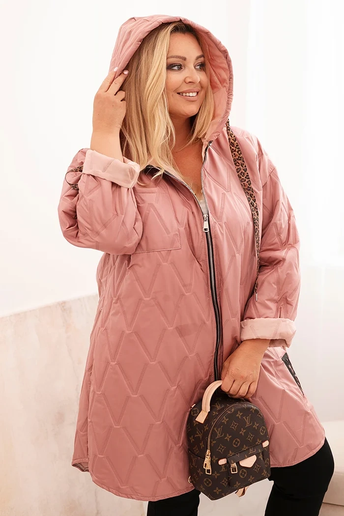 Kesi Włoski Women's Plus Size quilted jacket with a hood and the inscription HOPE dark pink
