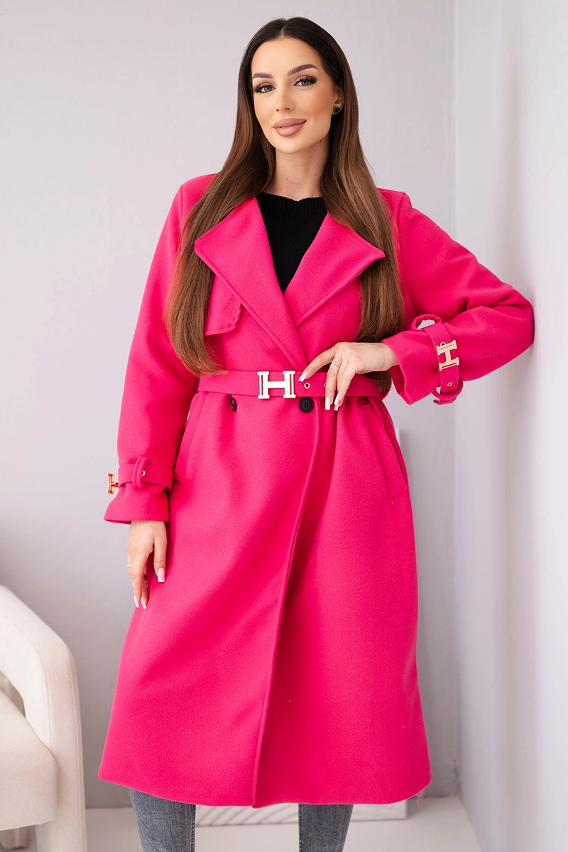 Дамско палто Kesi с колан и златни катарами, цвят фуксия