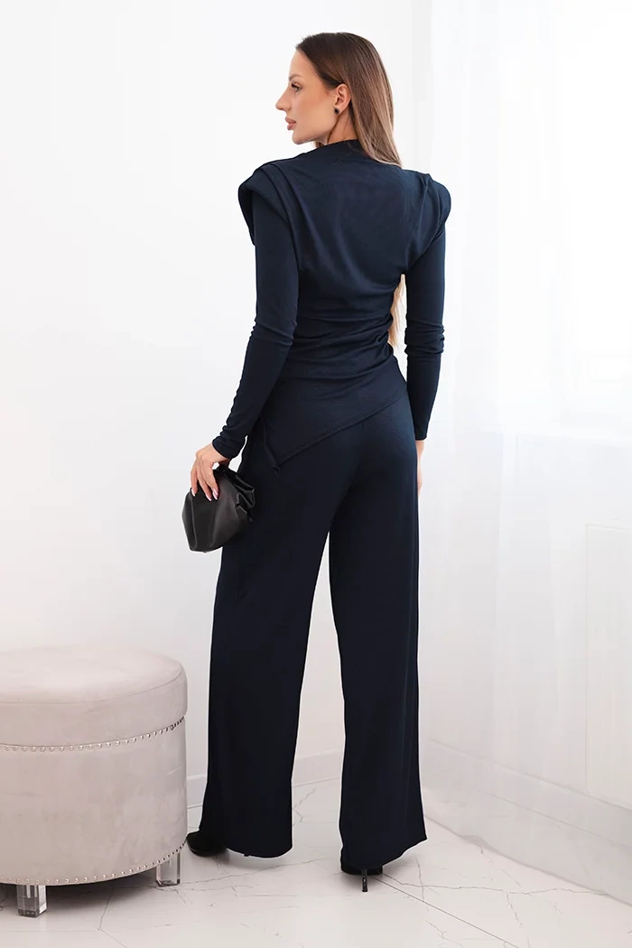 Kesi Włoski Women's cotton set with a blouse and wide-leg pants navy blue