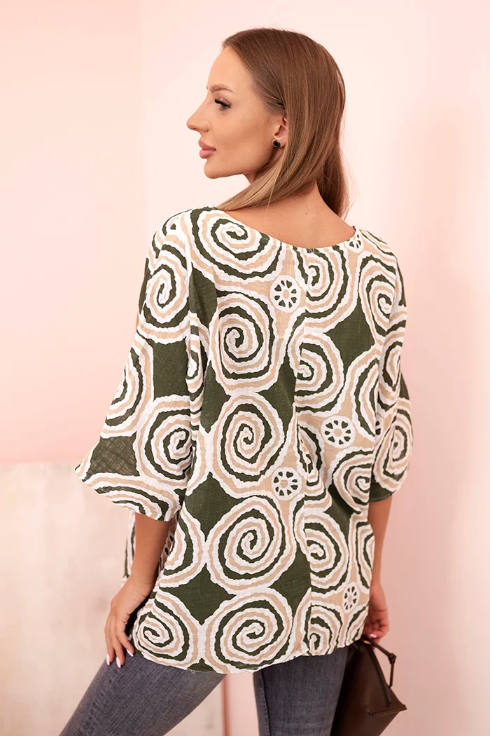Kesi Włoski Women's cotton blouse with ethnic patterns and rolled-up sleeves khaki